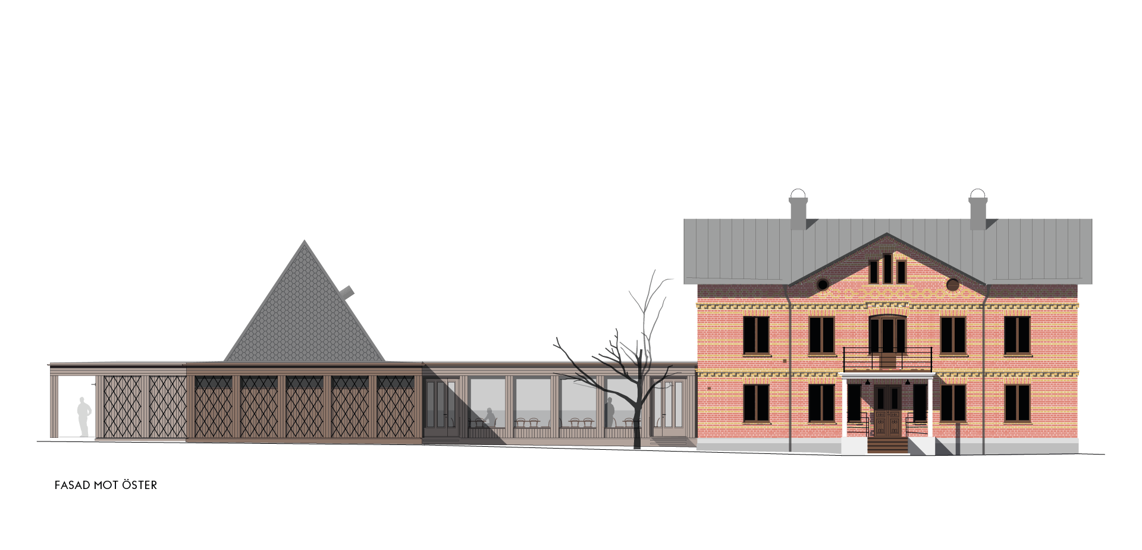 En skiss föreställande den östra fasaden på Trädgårdsvillan i Botaniska trädgården i Uppsala. Till vänster i bild en låg byggnad, kantad av fönster. En pyramidformad tillbyggnad mitt på. Till höger är Trädgårdsvillan utritad, en rödaktig tegelbyggnad med gula fasaddekorer.